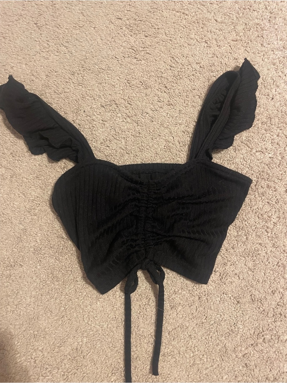 SHEIN Black Ruffle Strap Drawstring Ruched Crop Top